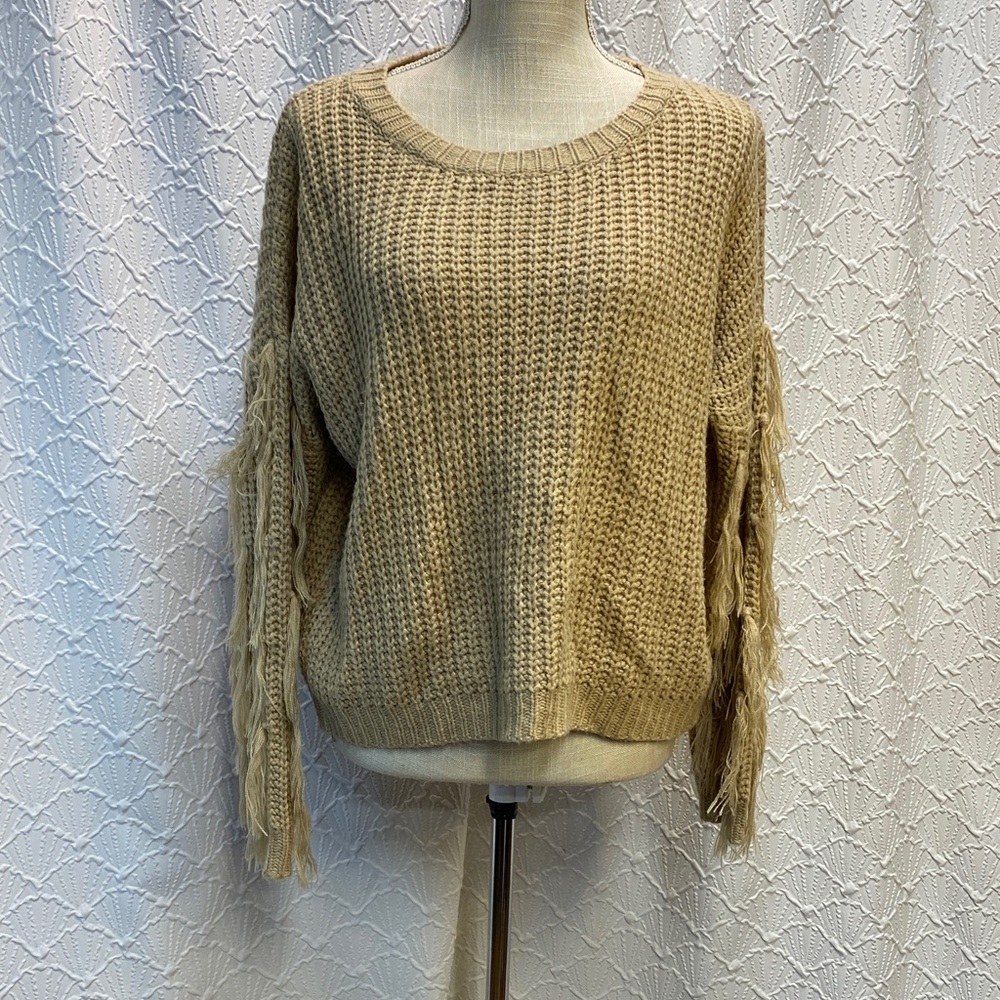 Material Girl size small oversized Tan Fringe Tassel Sleeve Sweater cozy trendy